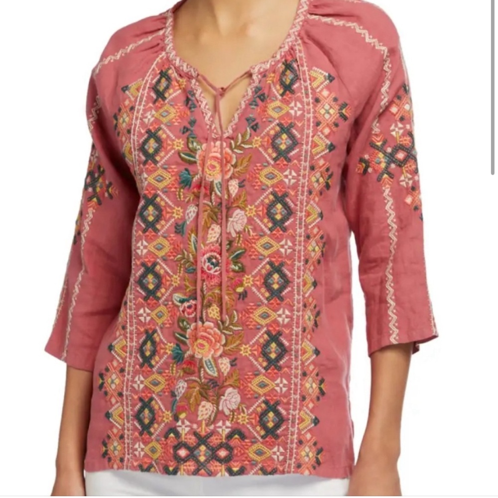 Johnny Was Chandra Embroidered Linen Peasant Blouse...Size XS